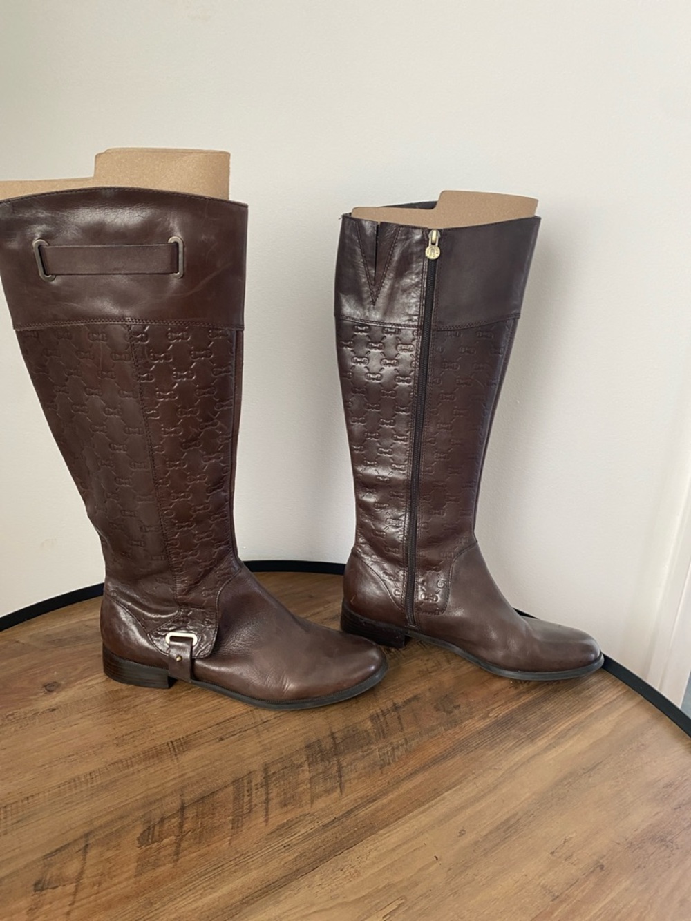 Etienne Aigner Dark Brown Embossed Leather Tall Riding Boots